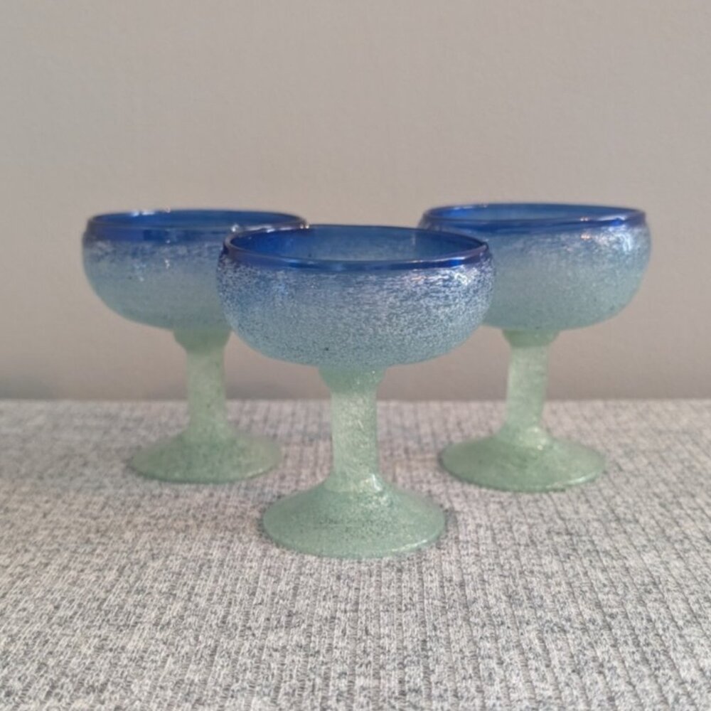 Mexican Cobalt Rim Hand Blown-Glass Mini Margarita/Dessert/Sorbet Cups, Set of 3 - Picture 1 of 4
